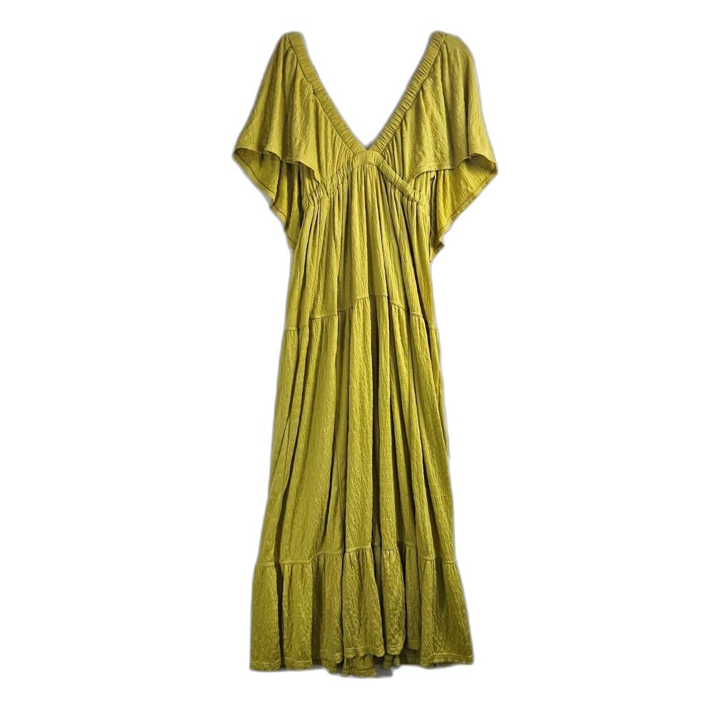 FP Beach LaLa Maxi Dress Yellow sundress SZ S empire waist Angel Wing textured